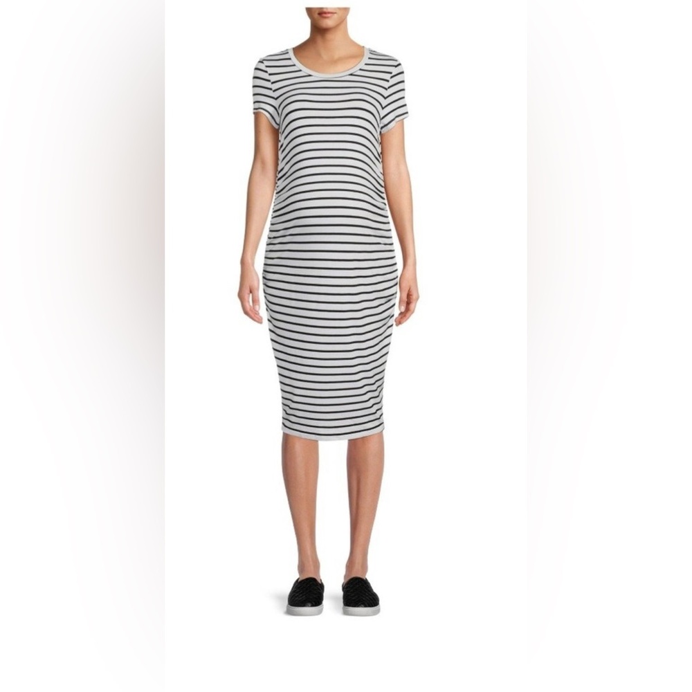 White Striped Ruched Maternity Dress